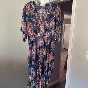 Blue and Pink Floral Paisley Tissue Hem Midi Dress
